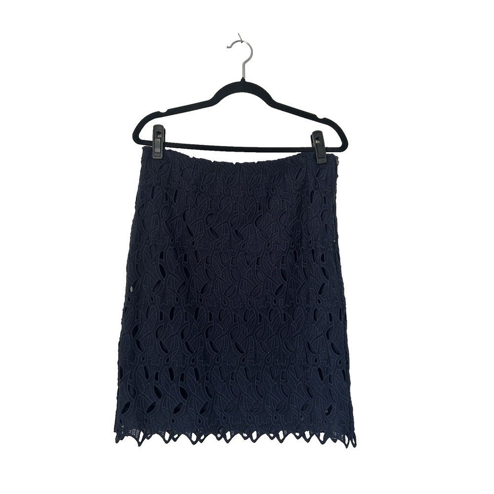Lucy & Laurel Skirt Size 8 Navy Blue Intricate Lace Floral Cutout Scalloped Hem